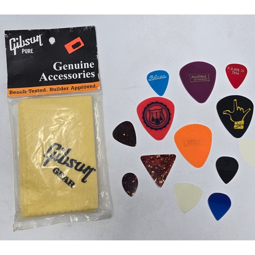 Vintage Gibson Guitar Polish Cloth NOS Sealed + Lot 12 Picks Mixed